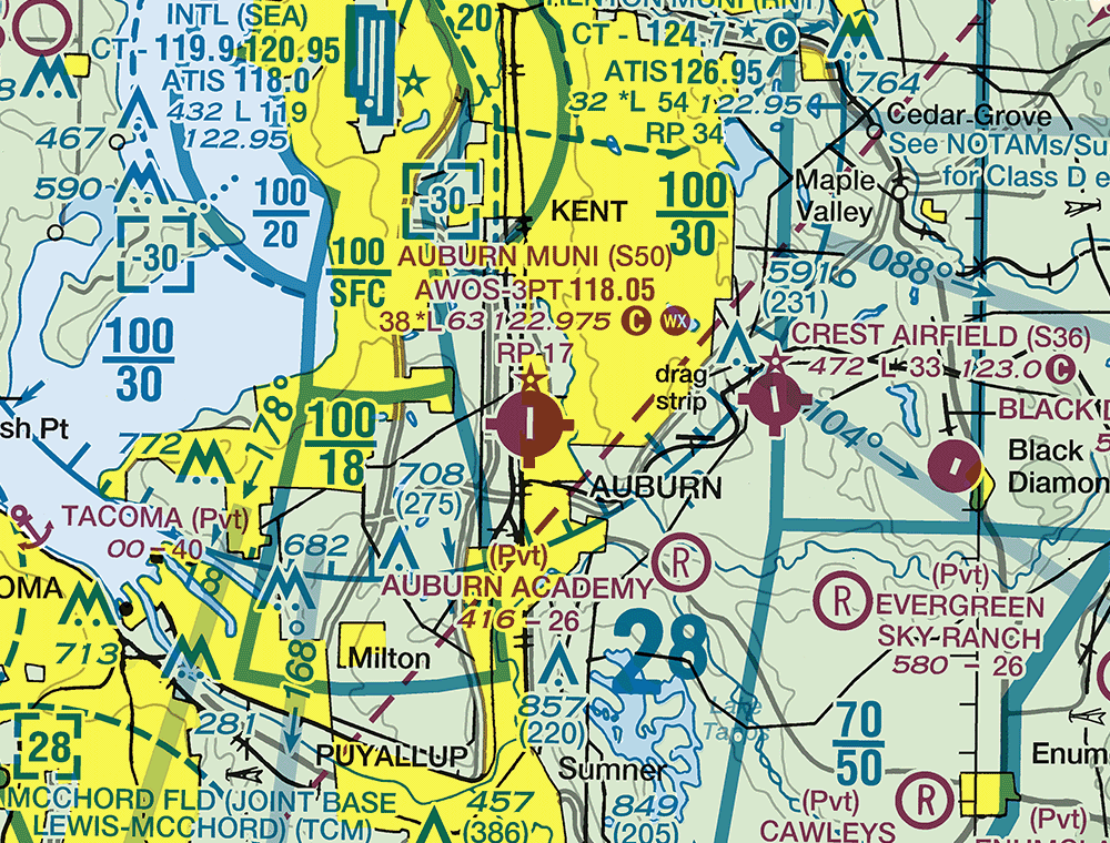 Seattle sectional extract around Kent and Auburn, Washington, showing Class B altitude labels, Auburn Muni airport data and a maximum elevation figure of 28